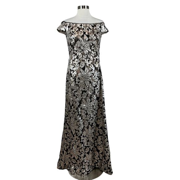XSCAPE Sequined Off the Shoulder Evening Gown Black and Gold Size 6 Formal Dress - Picture 1 of 13